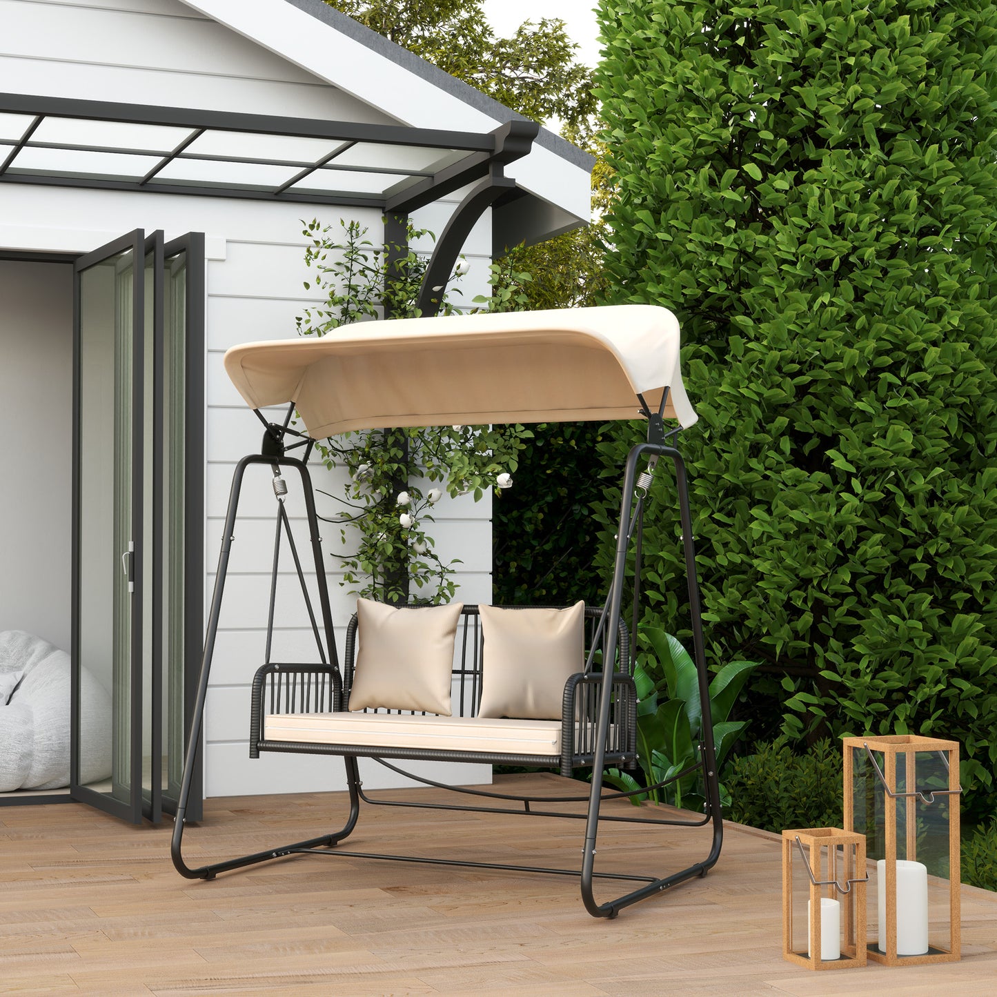 Outsunny Hollywood Swing Rattan 2-zits tuinschommel met zonnekap en kussens, tot 240 kg, 149 x 121 x 180 cm, Khaki