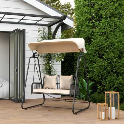 Outsunny Hollywood Swing Rattan 2-zits tuinschommel met zonnekap en kussens, tot 240 kg, 149 x 121 x 180 cm, Khaki