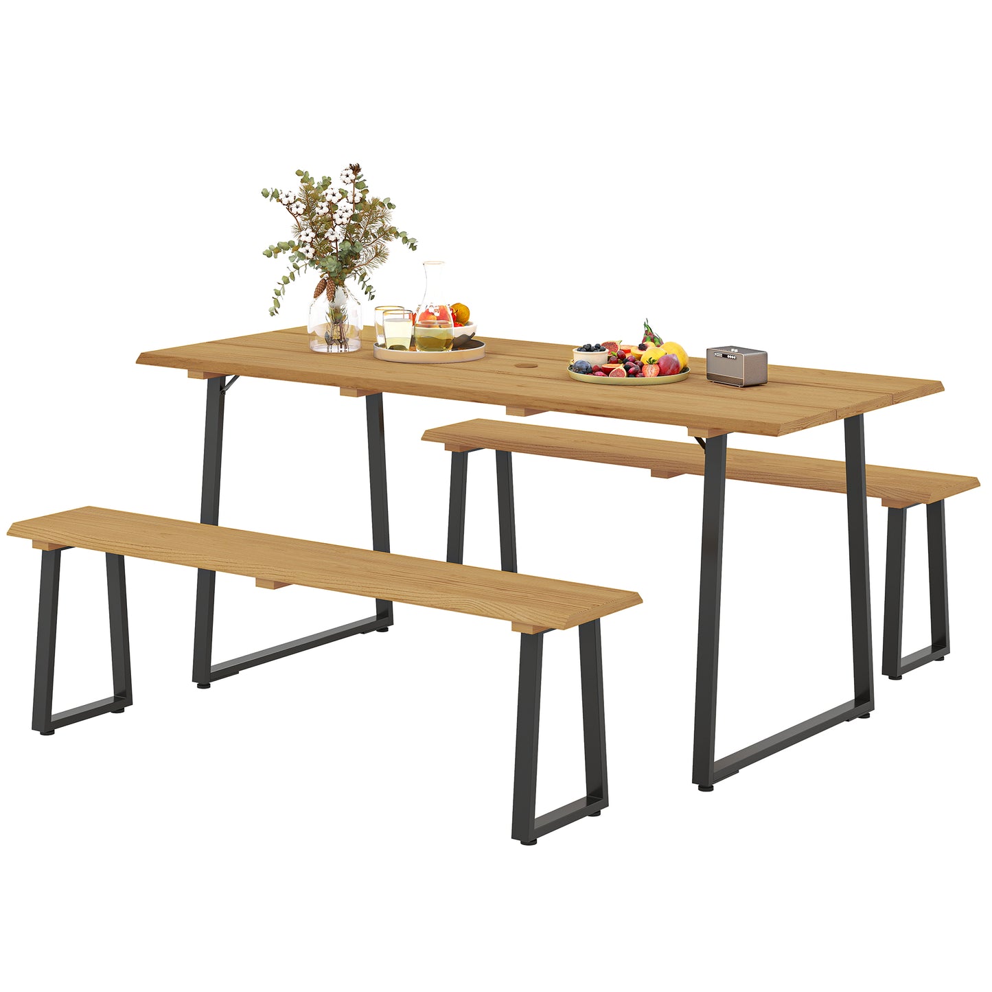 Outsunny 3-delige houten eetset voor 6 personen, eettafel met 2 banken, parasolgat, houten tafel 178 x 76 x 77 cm, natuurlijk hout
