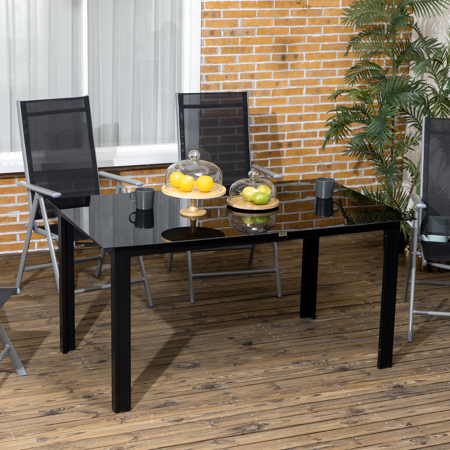 Outsunny tuintafel voor 6 personen, weerbestendig, gehard glas, terrastafel, 150 cm x 90 cm x 74 cm, zwart