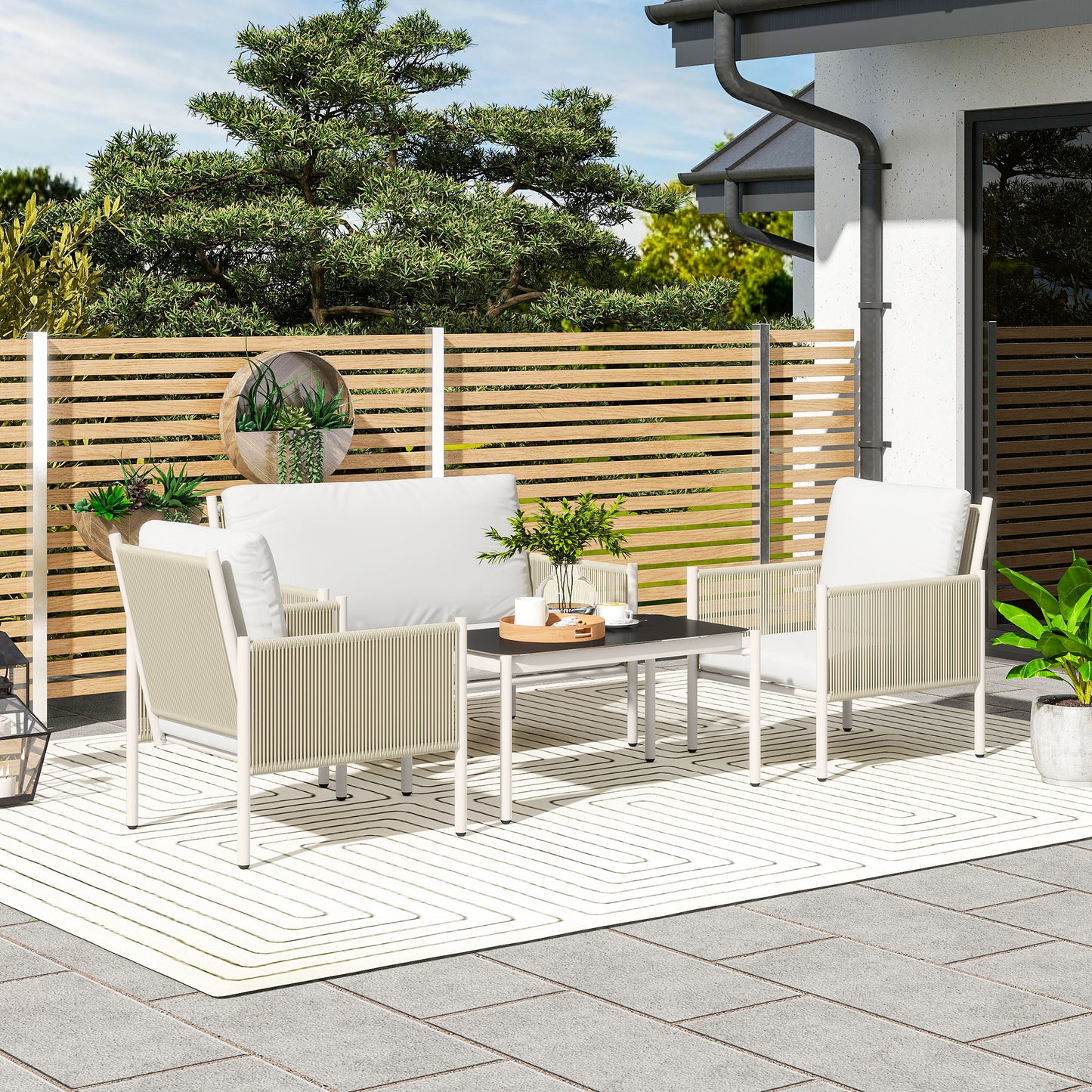 Outsunny tuinmeubelset van polyrotan loungeset met 2-zitsbank, fauteuil, glazen tafel, kussens, 4 personen, bruin+grijs
