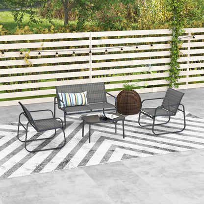 Outsunny 4-delige tuinmeubelset, 2 fauteuils, 2-zitsbank, tafel met glazen blad, ademende stof, metalen frame, zwart
