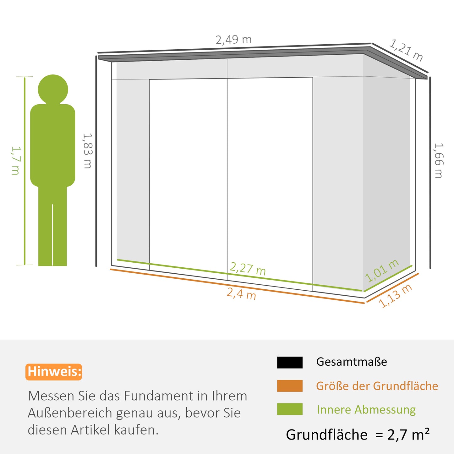 Outsunny stalen tuinhuis, gereedschapsschuur, dubbele deuren, 249B x 121D x 166/183Hcm, grijs
