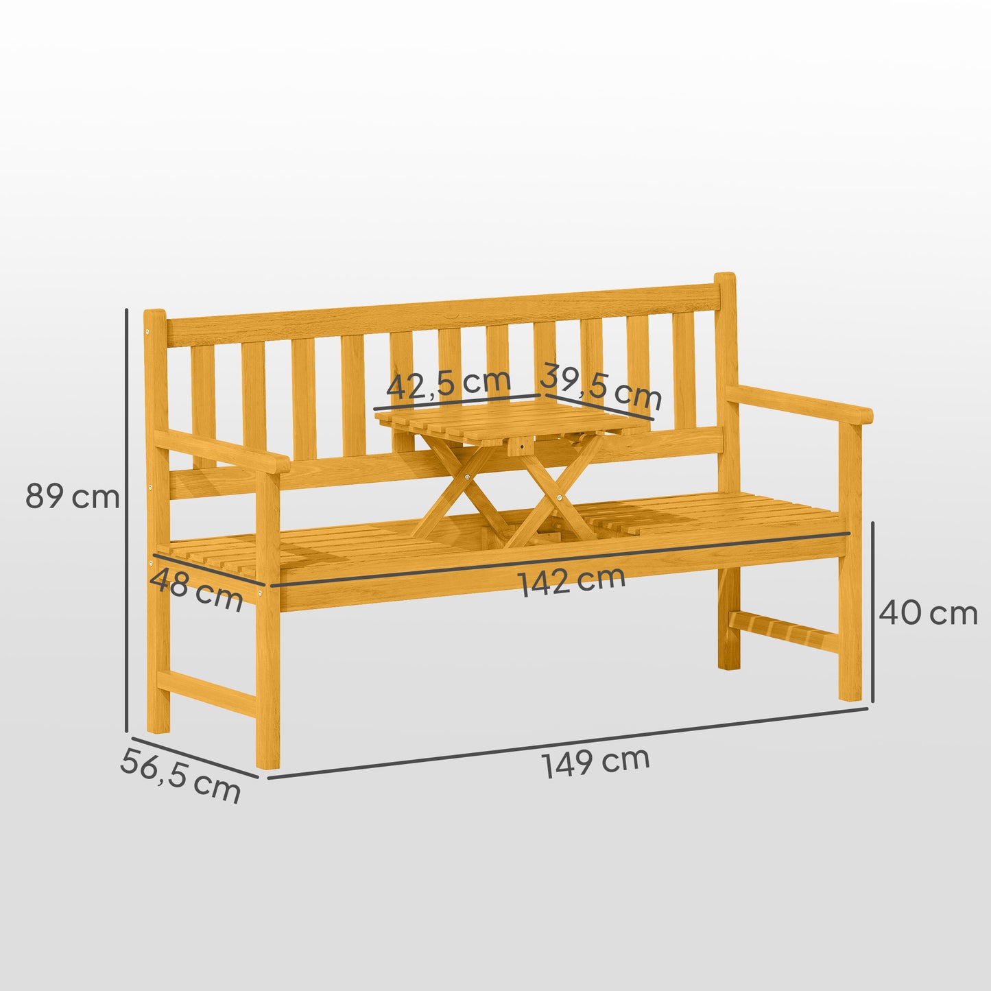 Outsunny 2-zits houten tuinbank, weerbestendig, met rugleuning en armleuningen, draagvermogen 320 kg, 149x56,5x89cm, teak