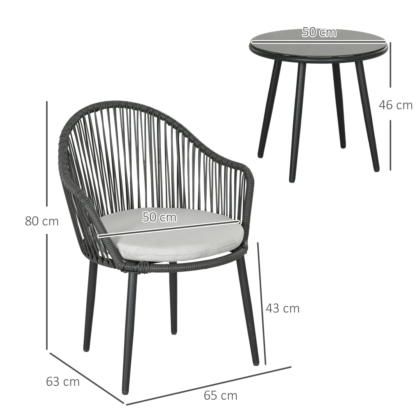 Outsunny Bistroset Rotan Sofaset Patioset, 2 stoelen, 1 tafel, Weerbestendig, 65 x 63 x 80 cm, Donkergrijs + Lichtgrijs