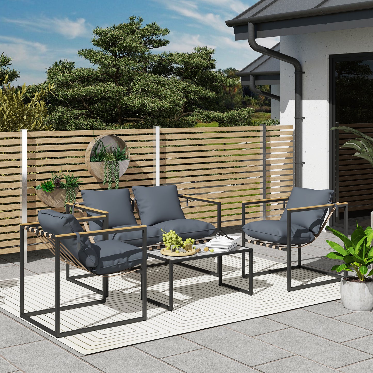 Outsunny 4-delige tuinmeubelset, tuinset, 2 fauteuils, 2-zitsbank, 1 tafel, gestoffeerd, staal, polyester, grijs