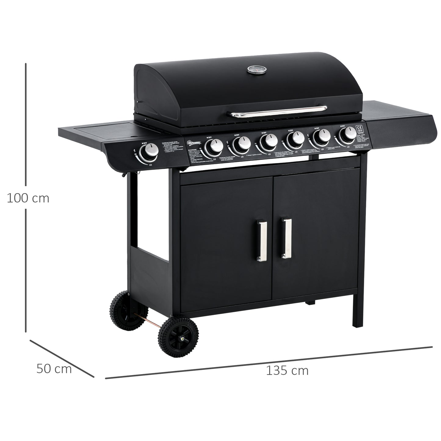 Outsunny 7-pits gasgrill, inclusief thermometer, BBQ-grill, draagbare grill, zwart