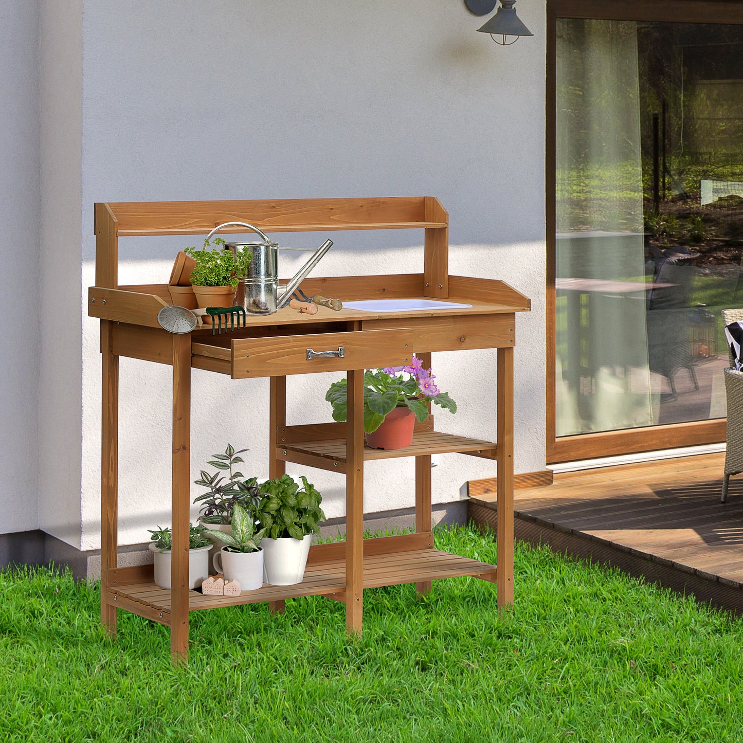 Outsunny Planttafel, Tuintafel, Bloementafel met Dienblad, Tuin, Dennenhout, Naturel, 117 x 45 x 121 cm