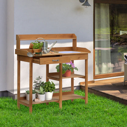 Outsunny Planttafel, Tuintafel, Bloementafel met Dienblad, Tuin, Dennenhout, Naturel, 117 x 45 x 121 cm