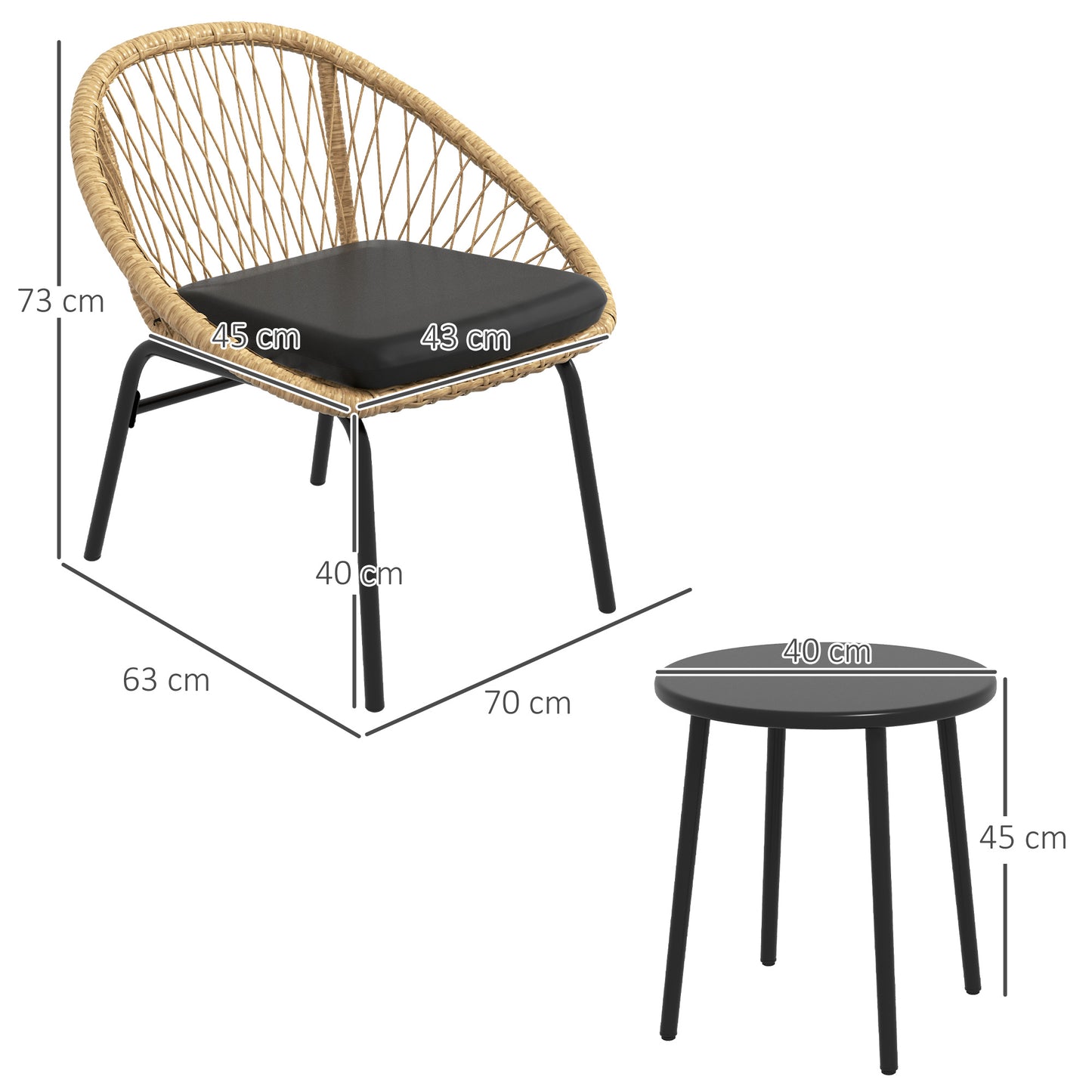 Outsunny rotan tuinmeubelset, 2 fauteuils en tafel, geel