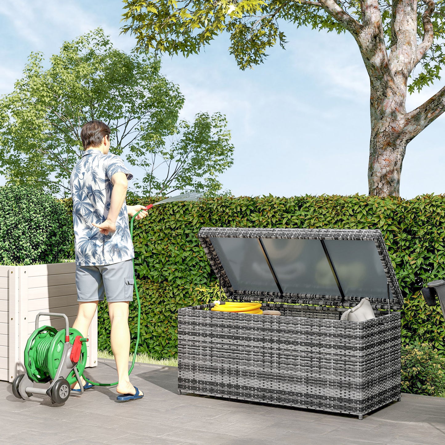 Outsunny Rattan Opbergbox 380L Weerbestendige Kussenbox met Deksel UV-bestendig 130 x 61 x 65 cm Donkergrijs