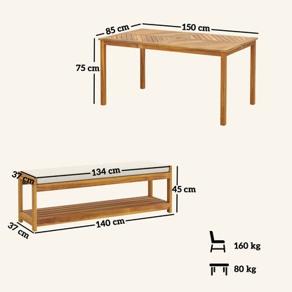 Outsunny 3-delige tuinmeubelset, zitset inclusief 1 eettafel met parasolgat, 2 banken 150 x 85 x 75 cm teak