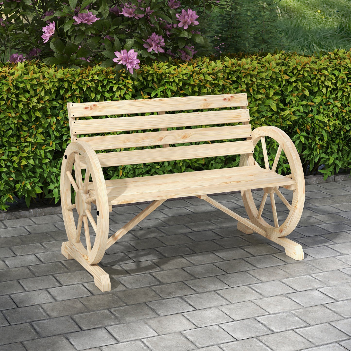 Outsunny tuinbank, wagenwieldesign, voor 2 personen, natuurlijk hout, donkerbruin, 105,5 x 56 x 79 cm, naturel