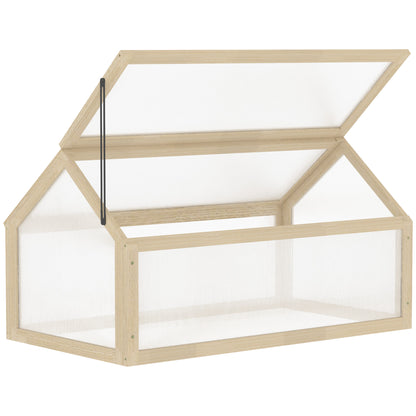 Outsunny Mini Kas, Compacte Plantenkas van Hout, Polycarbonaat Panelen, Ventilatieopening, 90L x 52B x 49,5H cm, Naturel