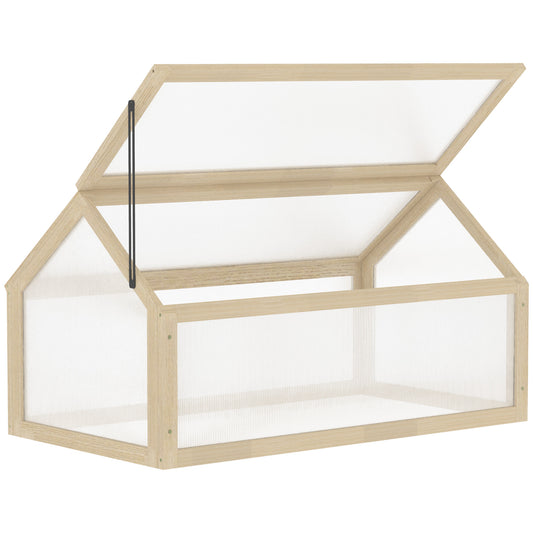Outsunny Mini Kas, Compacte Plantenkas van Hout, Polycarbonaat Panelen, Ventilatieopening, 90L x 52B x 49,5H cm, Naturel
