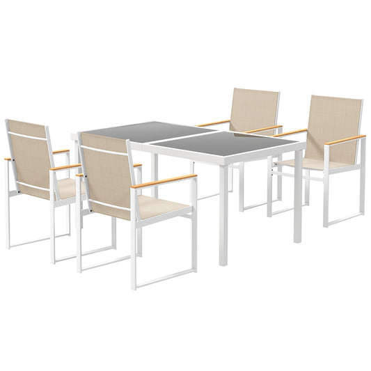Outsunny 5-delige eetset, buitentafel van gehard glas, 4 stoelen, weerbestendig, stalen frame, tuinmeubilair, veelkleurig