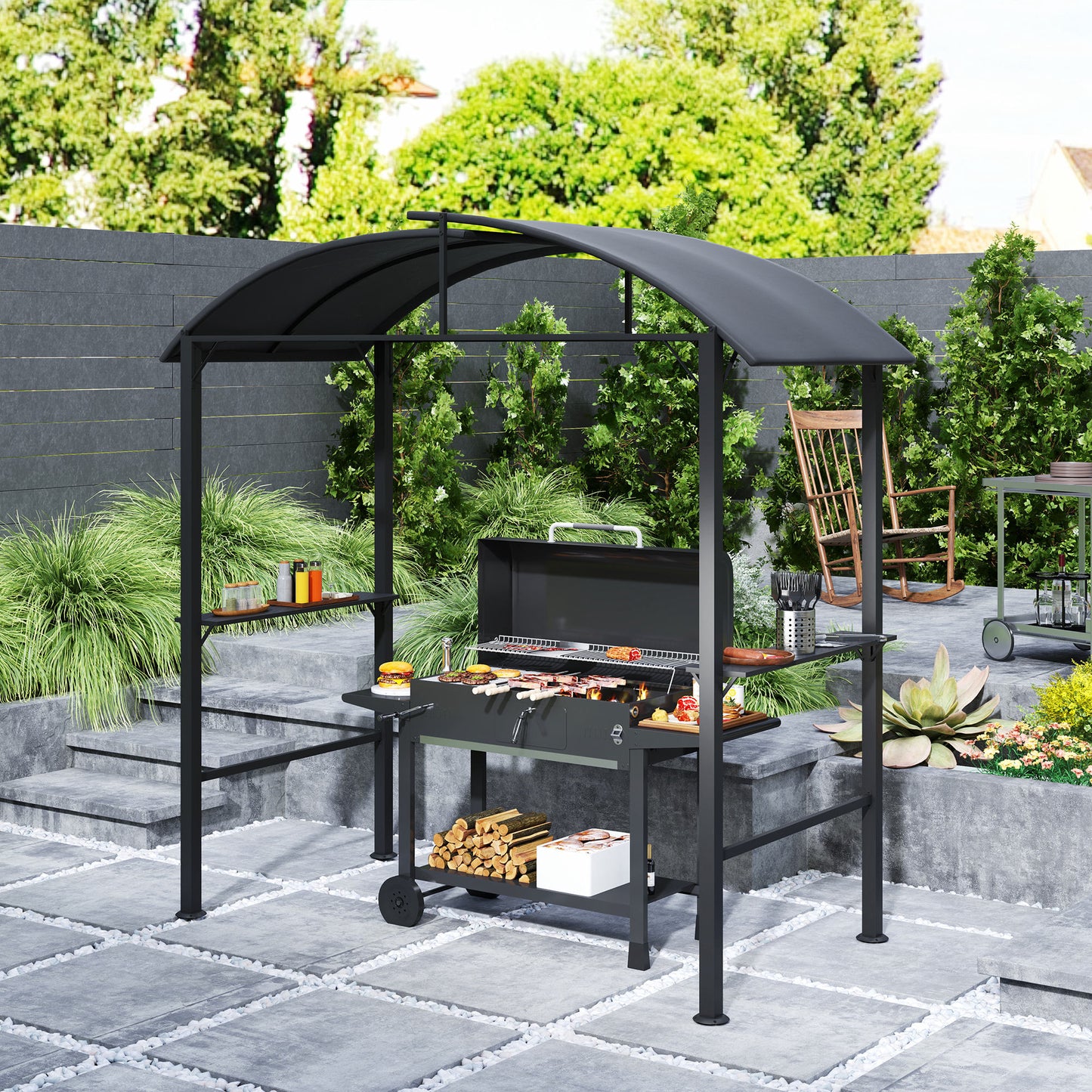 Outsunny Grill Pavilion, 2 zijplanken, haken, stalen frame, 1,1 x 2,3 m, donkergrijs