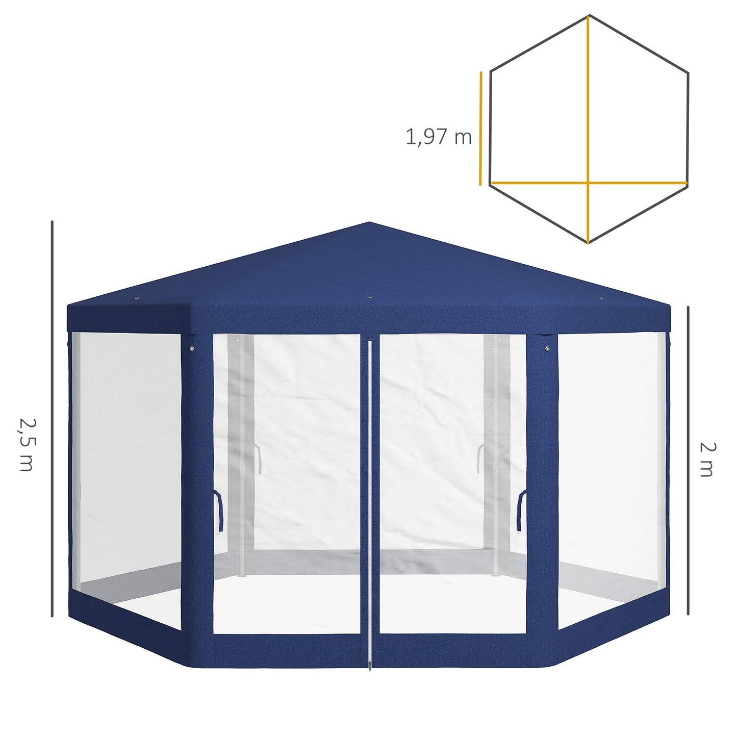 Outsunny tuinprieel, zeshoekig, vitrage, metalen frame, 3,94x3,412x2,5m, blauw