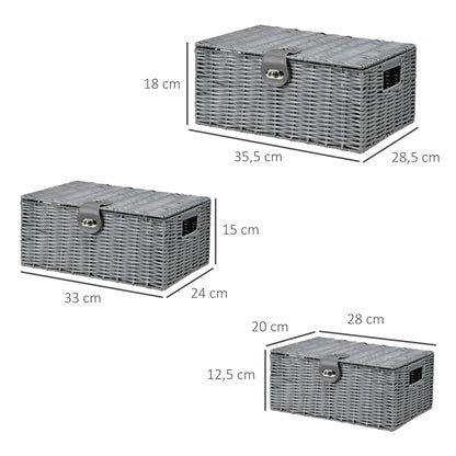 HOMCOM 3-delige set PE-rotan opbergmanden met sluiting en draaggrepen, 35,5 cm x 28,5 cm x 18 cm, grijs
