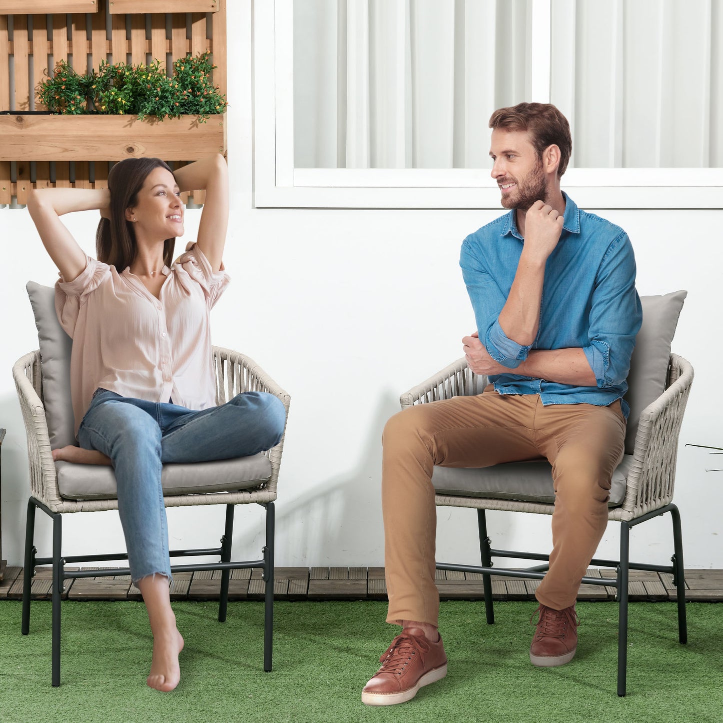 Outsunny terrasstoel set van 2, boho-stijl, comfortabele zitschaal, zitkussens, wasbare hoes, metalen frame, beige