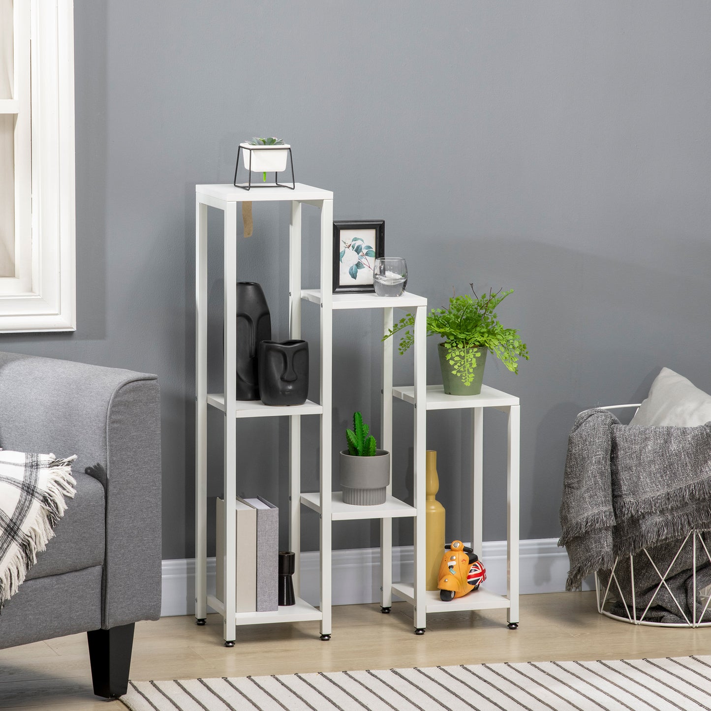 Outsunny Bloemenstandaard, Plantenstandaard, 7 lagen, voor binnen- en buitengebruik, Staal, Wit, 65 x 23 x 94,5 cm