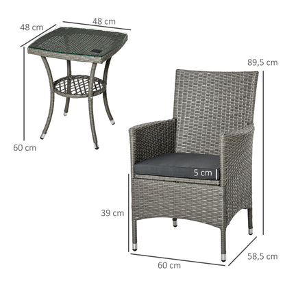 Outsunny Polyrattan Tuinmeubelset, Tuinmeubilair voor 2 Personen, 3-delige Zitgroep, 2 Stoelen, Tafel, Zitkussens, Tuinlounge voor Tuin, Terras, Balkon, Grijs