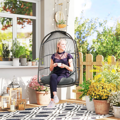 Outsunny Hangstoel, Hangmand met Kussen, Polyrotan Schommel, Buiten/Binnen, Opvouwbaar, Draagvermogen tot 150 kg, Donkergrijs