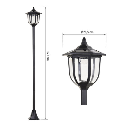 Outsunny Solar LED Tuinlantaarn, Kunststof Lantaarn, Buitenlamp voor Binnen en Buiten, 177 cm Hoog, Tuinlamp, 30/60 Lumen, voor Tuinbalkon Decoratie, Zwart