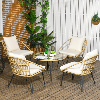 Outsunny 5-delige tuinset, boho-stijl, 1 eettafel & 4 stoelen, kussens, polyrotan, beige/naturel