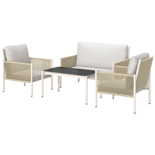 Outsunny tuinmeubelset van polyrotan loungeset met 2-zitsbank, fauteuil, glazen tafel, kussens, 4 personen, bruin+grijs