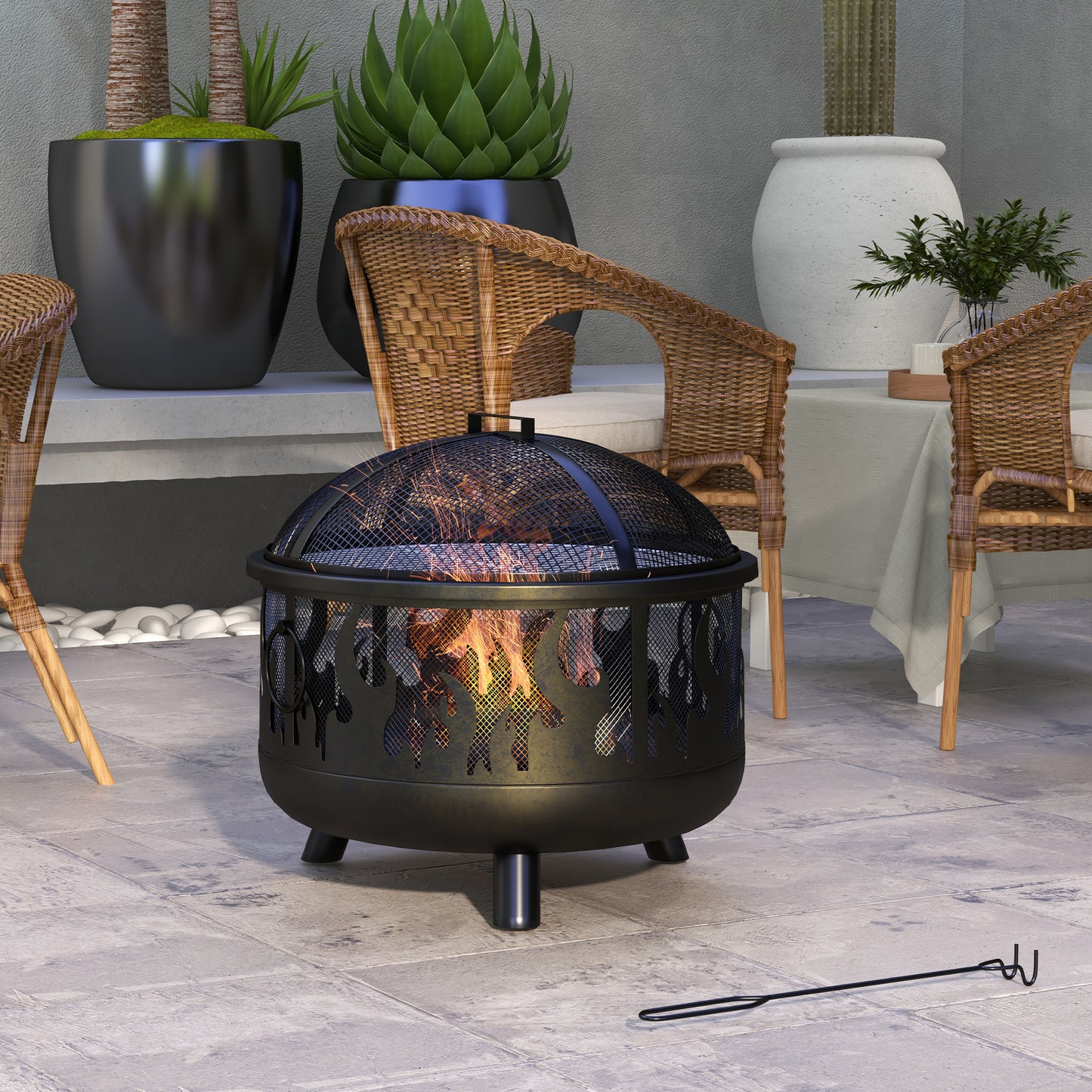 Outsunny Fire Bowl Vuurkorf, incl. vonkenscherm, 1 pook, Ø61,5 cm x 52 cm, Zwart