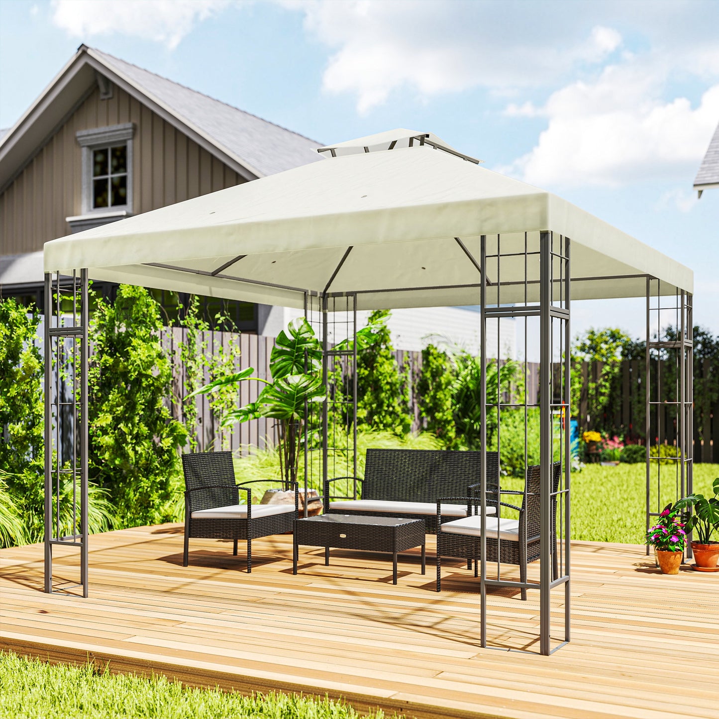 Outsunny 3 x 3 m tuinpaviljoen, 2-laags dakconstructie, UV30+ bescherming, UV-bestendig, zonwering, metalen frame, crèmewit