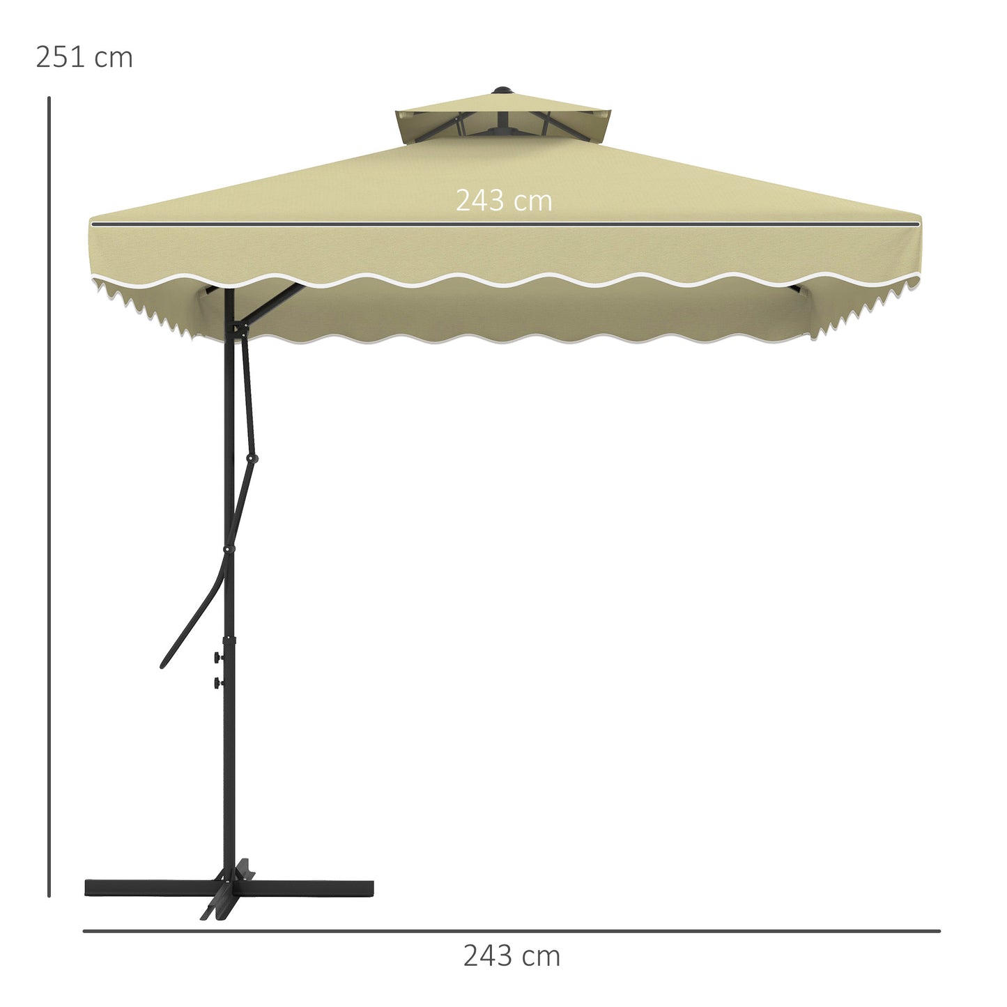 Outsunny tuinparasol, zweefparasol, decoratieve rand, geventileerd dak, metalen frame, 2,4x2,4x2,6m, beige