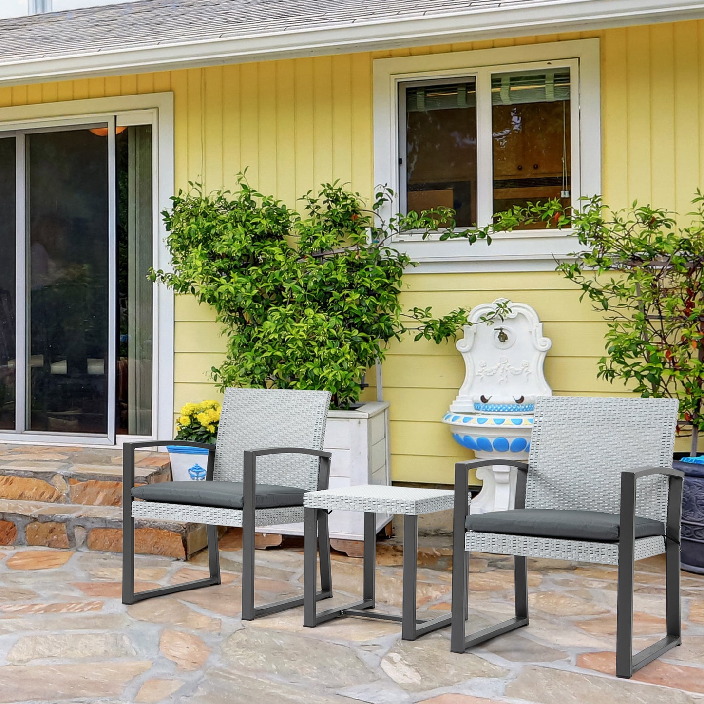 Outsunny polyrattan zitgroep voor 2 personen, balkonmeubelset met bijzettafel en zitkussens, staal, zwart en grijs.