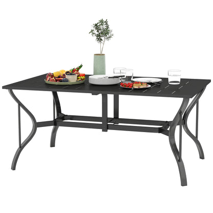 Outsunny Tuintafel Staal 150x90 cm Weerbestendige Balkontafel met Parasolgat, Lattenbodem voor 6 Personen Zwart