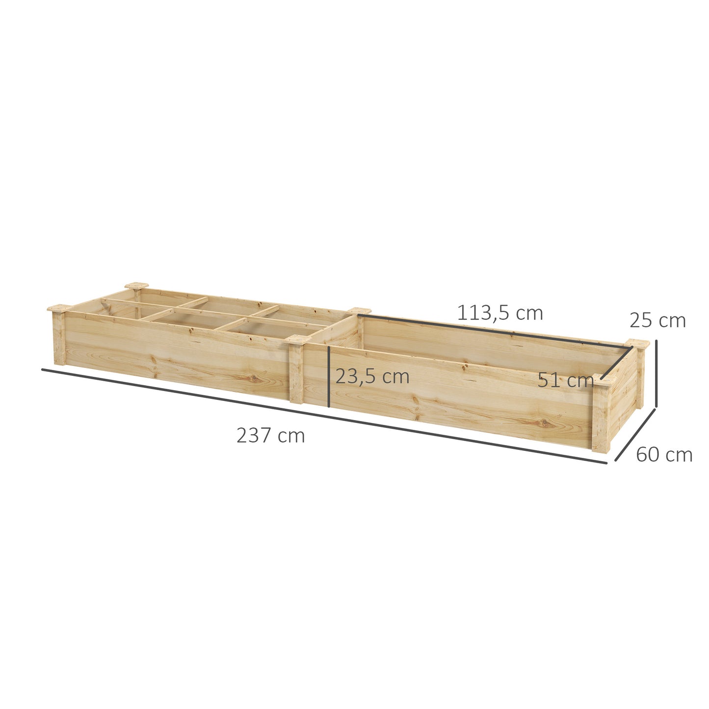 Outsunny Verhoogd Tuinbed, Plantenbak, 2-delig, open bodem, natuurlijk houten frame, eenvoudige montage, 237 x 60 x 25 cm