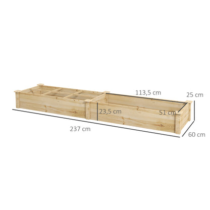 Outsunny Verhoogd Tuinbed, Plantenbak, 2-delig, open bodem, natuurlijk houten frame, eenvoudige montage, 237 x 60 x 25 cm