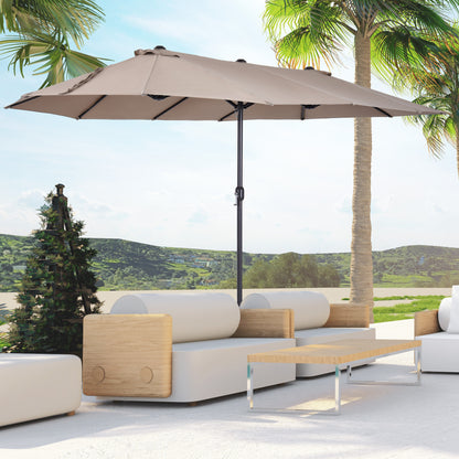 Outsunny Dubbele Parasol 455 x 270 cm Tuinparasol met Handzwengel, Ovaal, Stevig, Metalen Paal, Marktparasol, Dubbele Parasol, Terrasparasol, Zonwering voor Strand, Balkon, Terras, Tuin, Lichte Koffie