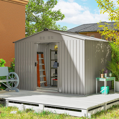 Outsunny metalen tuinhuis met schuifdeuren en ventilatieramen, 277 x 195 x 192 cm, grijs