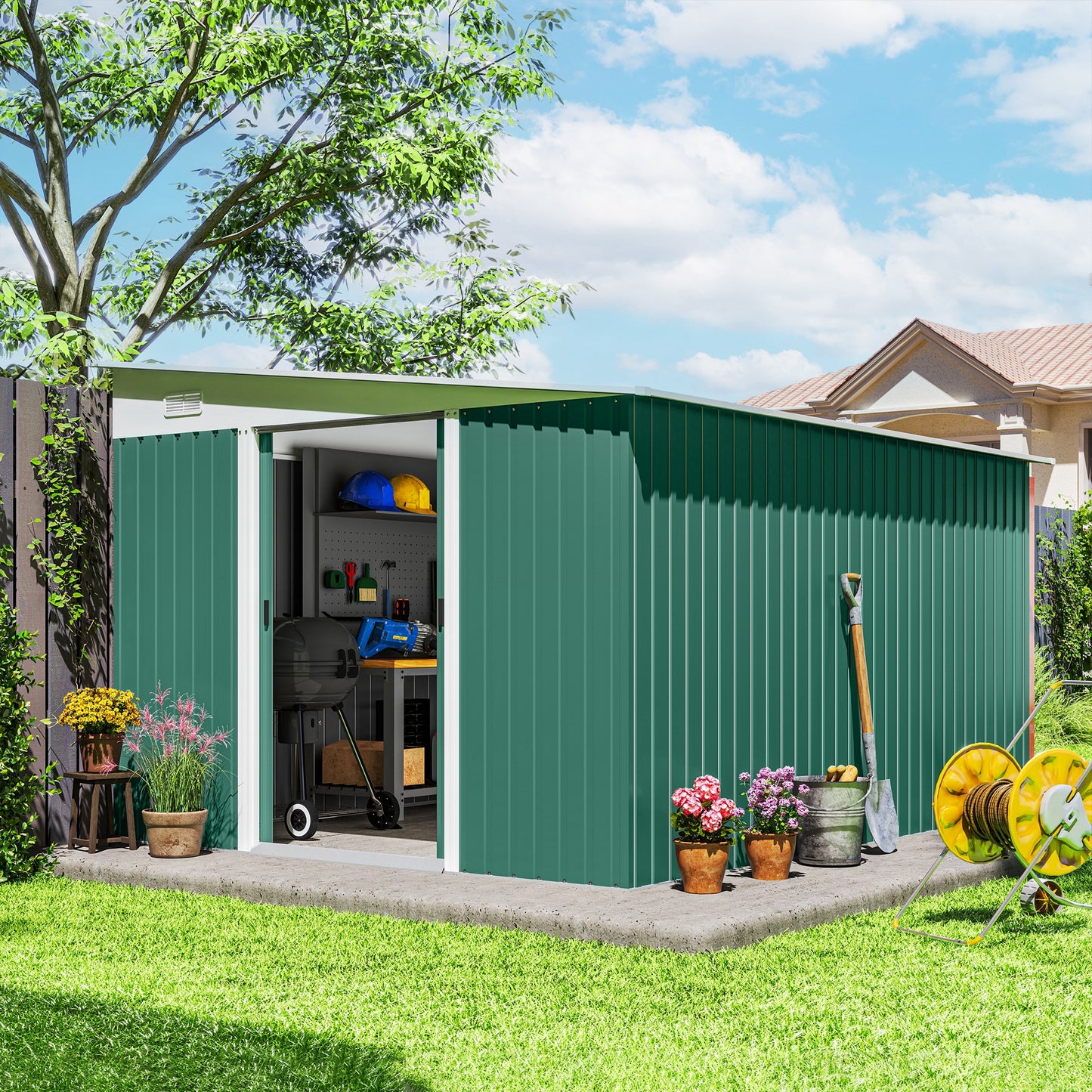Outsunny metalen tuinhuis, schuin dak, afsluitbare dubbele deur, 2,8 x 3,45 x 2,01 m, groen