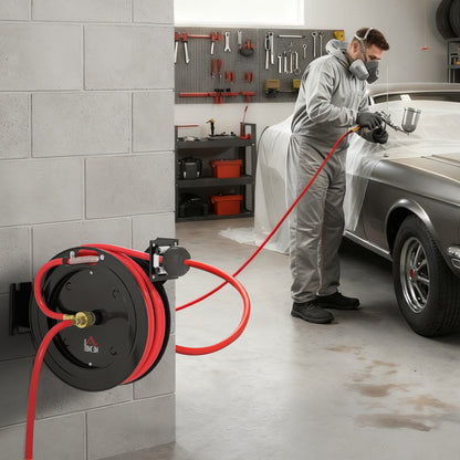 HOMCOM Wandmontierte Gartenschlauchtrommel, automatischer Aufwickler, 20 bar Wasserdruck, 15+1 m Wasserschlauch, Metall