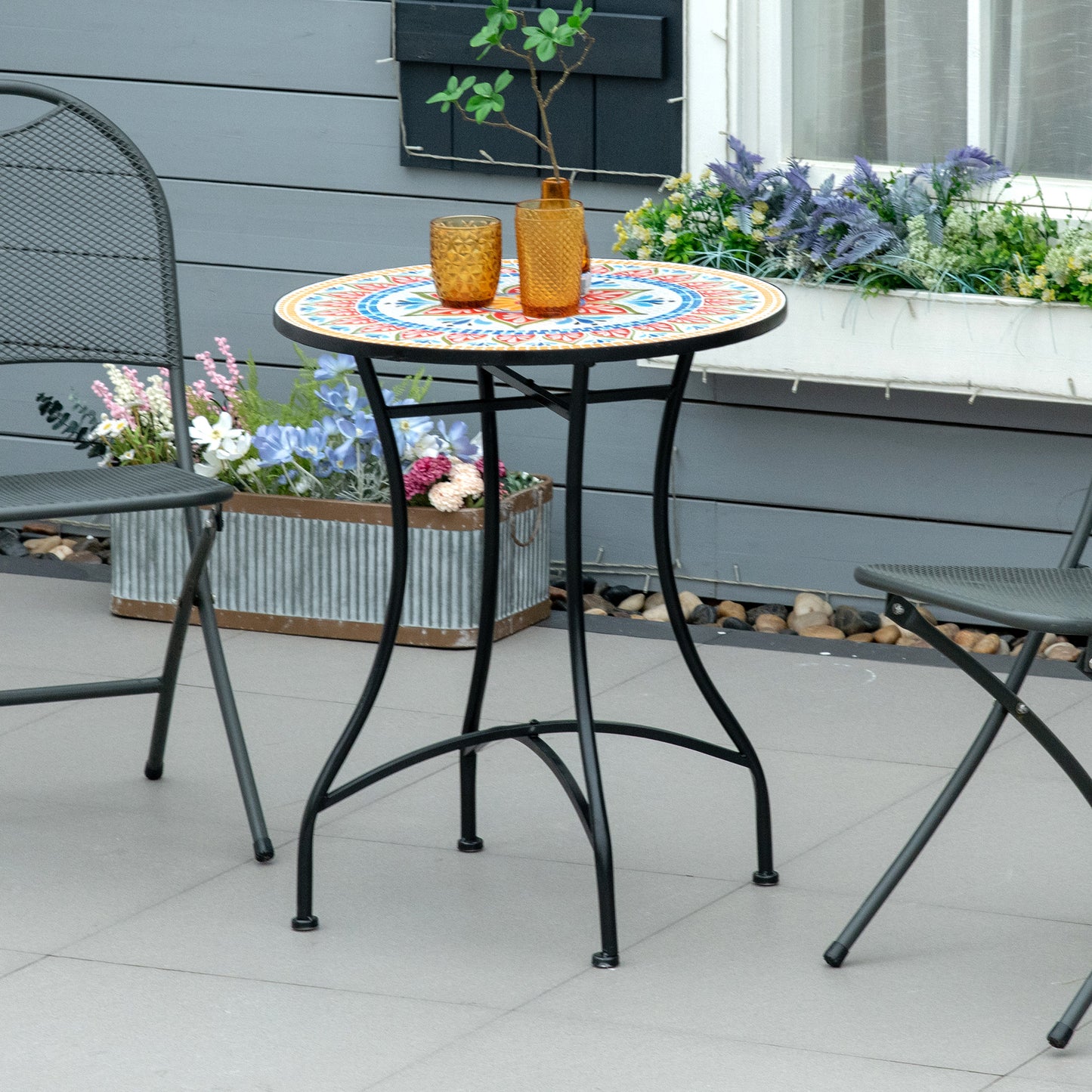 Outsunny Tuintafel Ø60 cm, Weerbestendige Metalen Balkontafel, Eettafel voor Buiten, Kampeertafel, Bijzettafel, Ronde Terrastafel voor Tuin, Terras, Balkon, Rood+Blauw+Wit