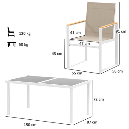 Outsunny 5-delige eetset, buitentafel van gehard glas, 4 stoelen, weerbestendig, stalen frame, tuinmeubilair, veelkleurig