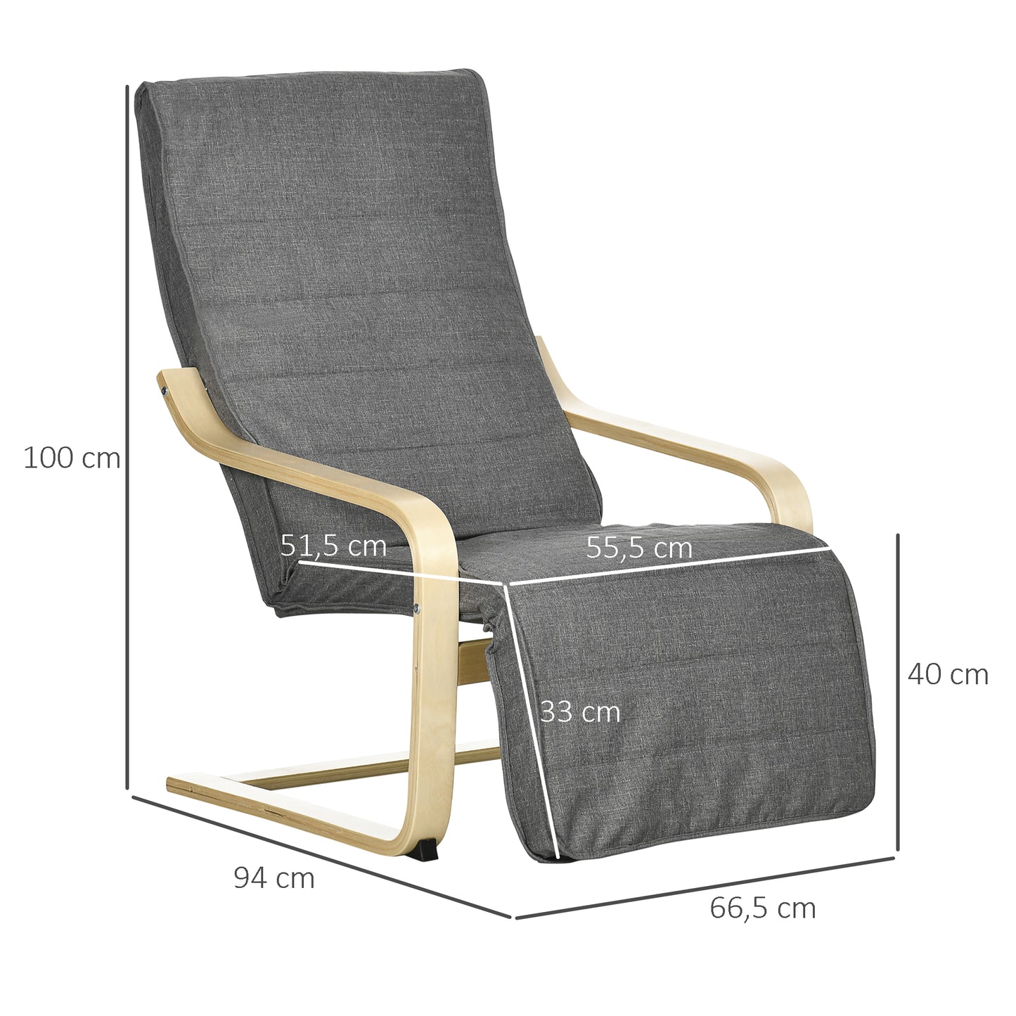 HOMCOM accentstoel, relaxfauteuil met verstelbare voetensteun, berkenhouten frame, tot 120 kg, 66,5 x 94 x 100 cm, grijs