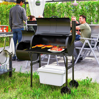 Outsunny Steel Charcoal Grill BBQ Smoker met deksel, thermometer, wielen, luchtinlaat, houtskoollade