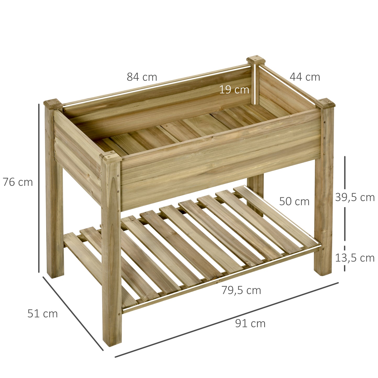 Outsunny Verhoogd Tuinbed, Verhoogde Houten Plantenbak met Bodemplank, Robuuste Constructie, Afwateringsgaten, 91L x 51B x 76H cm, Groen