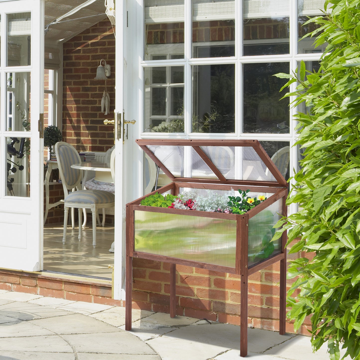 Outsunny Houten Verhoogde Kweekbak 90 x 50 x 93 cm Kweektafel met Afdekking Weerbestendige Kruidentuin Plantenbak voor Tuin, Balkon en Terras Bruin