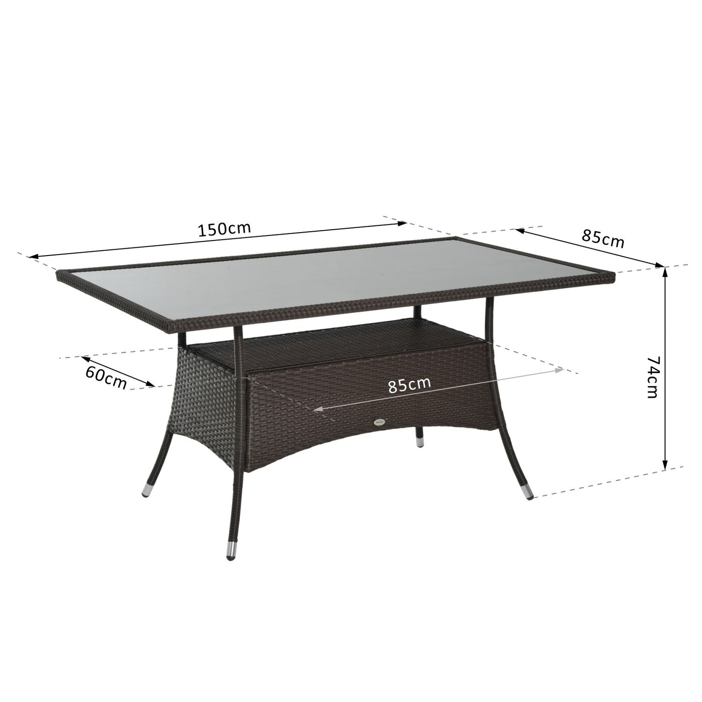 Outsunny Tuintafel, Glazen Tafel, Eettafel, Tuinmeubeltafel, Polyrotan + Veiligheidsglas, Bruin + Zwart, 150x85x74cm