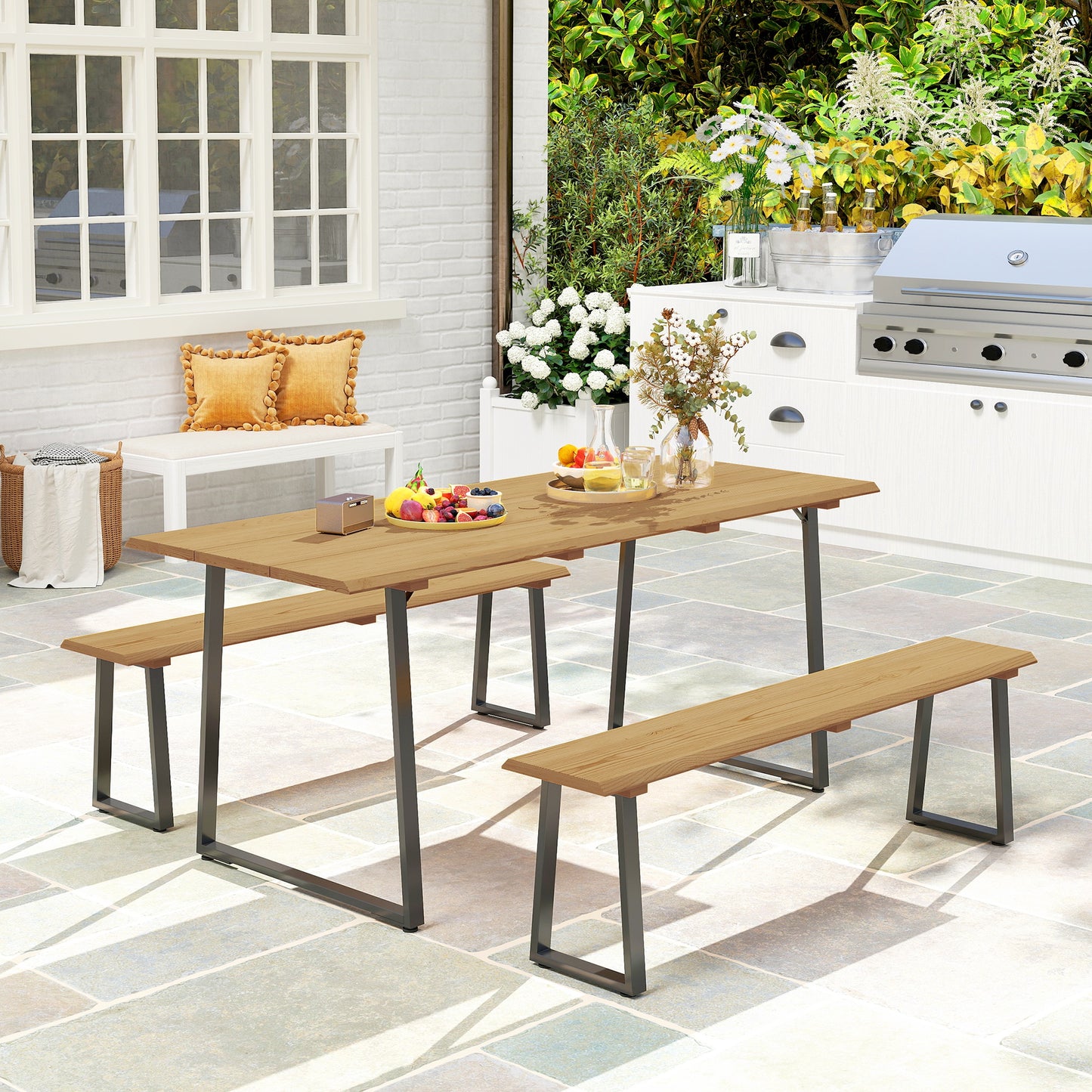 Outsunny 3-delige houten eetset voor 6 personen, eettafel met 2 banken, parasolgat, houten tafel 178 x 76 x 77 cm, natuurlijk hout