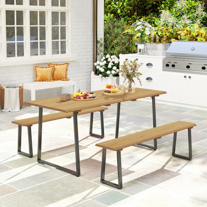 Outsunny 3-delige houten eetset voor 6 personen, eettafel met 2 banken, parasolgat, houten tafel 178 x 76 x 77 cm, natuurlijk hout